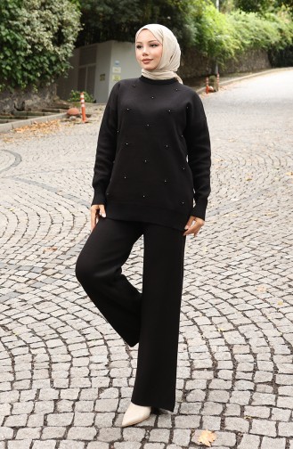 Strickwaren Stein Detail Pullover Hose Zweiteiler Set 0019-04 Schwarz 0019-04