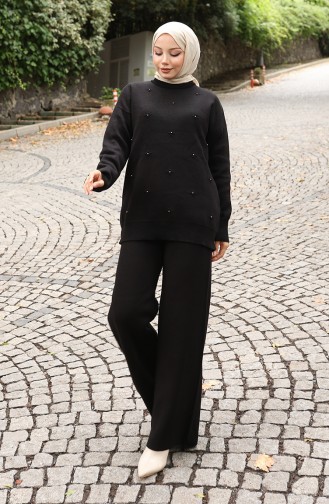Strickwaren Stein Detail Pullover Hose Zweiteiler Set 0019-04 Schwarz 0019-04