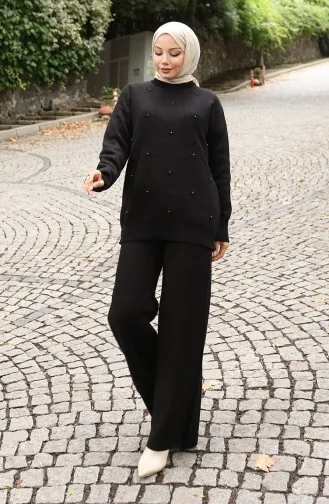 Knitwear Stone Detailed Sweater Trousers Two Piece Set 0019-04 Black 0019-04