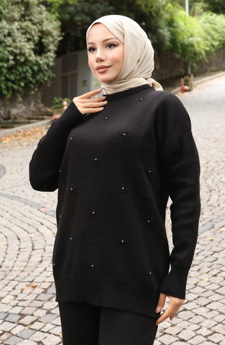 Strickwaren Stein Detail Pullover Hose Zweiteiler Set 0019-04 Schwarz 0019-04