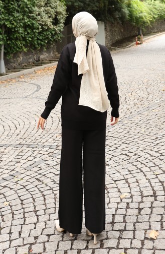 Strickwaren Stein Detail Pullover Hose Zweiteiler Set 0019-04 Schwarz 0019-04