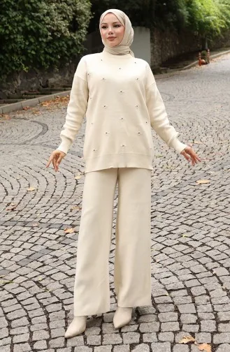 Strickwaren Stein Detail Pullover Hose Zweiteiler Set 0019-05 Beige 0019-05