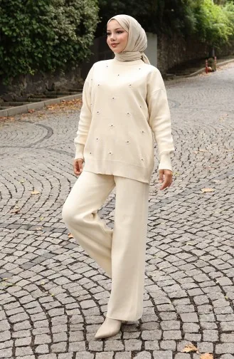 Strickwaren Stein Detail Pullover Hose Zweiteiler Set 0019-05 Beige 0019-05