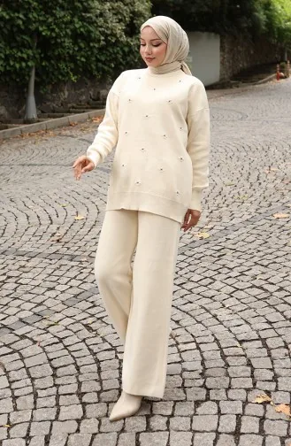 Strickwaren Stein Detail Pullover Hose Zweiteiler Set 0019-05 Beige 0019-05