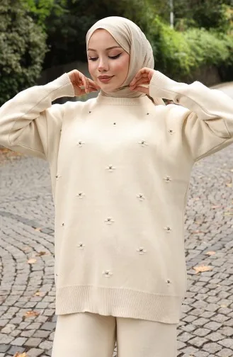 Strickwaren Stein Detail Pullover Hose Zweiteiler Set 0019-05 Beige 0019-05