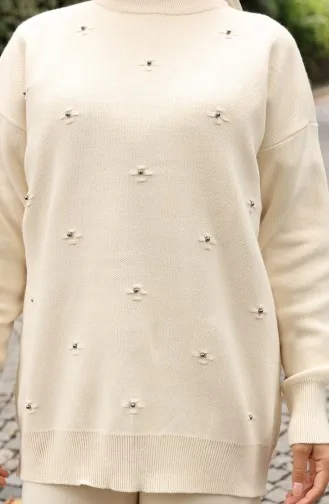 Strickwaren Stein Detail Pullover Hose Zweiteiler Set 0019-05 Beige 0019-05