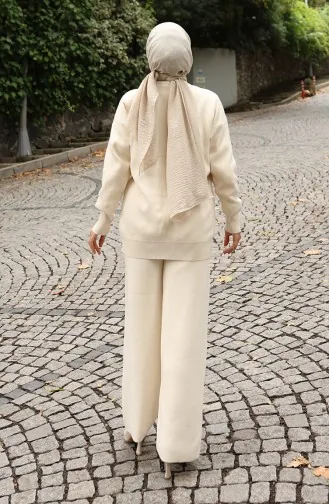 Strickwaren Stein Detail Pullover Hose Zweiteiler Set 0019-05 Beige 0019-05