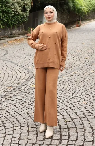 Knitwear Stone Detailed Sweater Trousers Two Piece Set 0019-06 Milk Coffee 0019-06