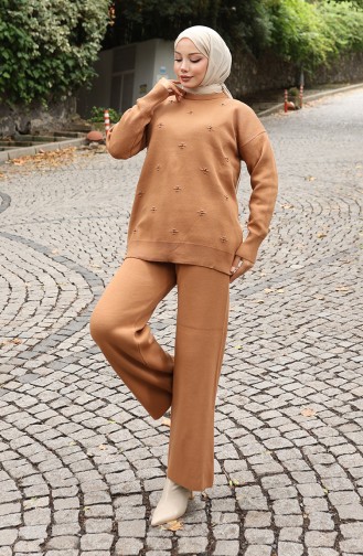 Strickwaren Stein Detail Pullover Hose Zweiteiler Set 0019-06 Milchkaffee 0019-06