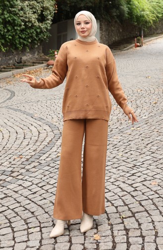 Strickwaren Stein Detail Pullover Hose Zweiteiler Set 0019-06 Milchkaffee 0019-06