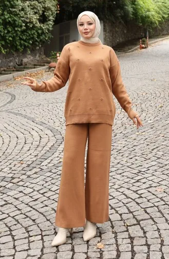 Knitwear Stone Detailed Sweater Trousers Two Piece Set 0019-06 Milk Coffee 0019-06