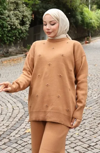 Knitwear Stone Detailed Sweater Trousers Two Piece Set 0019-06 Milk Coffee 0019-06