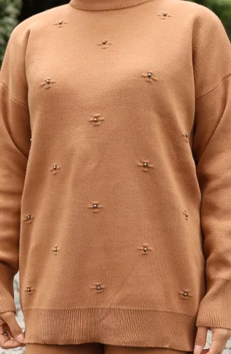Knitwear Stone Detailed Sweater Trousers Two Piece Set 0019-06 Milk Coffee 0019-06