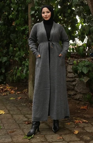 Gebreide Geribbelde Lange Cardigan 0030-04 Antraciet 0030-04