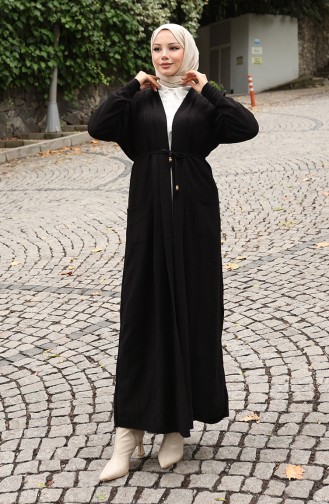 Gebreide Geribbelde Lange Cardigan 0030-06 Zwart 0030-06