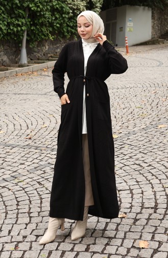 Gebreide Geribbelde Lange Cardigan 0030-06 Zwart 0030-06