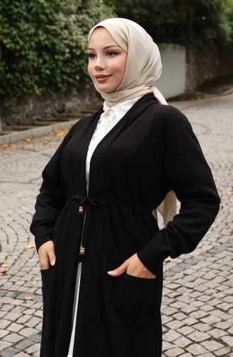 Gebreide Geribbelde Lange Cardigan 0030-06 Zwart 0030-06