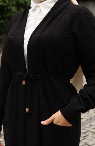 Gebreide Geribbelde Lange Cardigan 0030-06 Zwart 0030-06