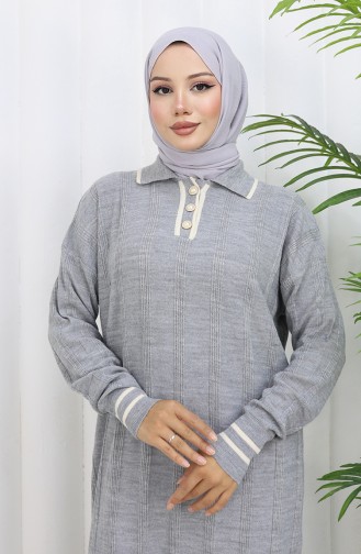 Triko Polo Yaka Düğmeli Elbise 1135-05 Gri