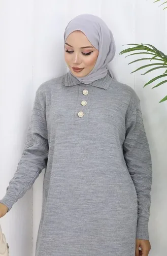 Triko Polo Yaka Düğme Elbise 1141-03 Gri