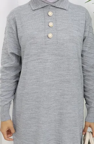 Triko Polo Yaka Düğme Elbise 1141-03 Gri