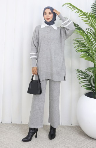 Triko Yaka Detaylı Tunik Pantolon İkili Takım 1002-02 Gri