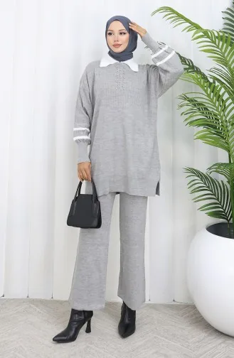 Strickanzug Mit Kragen Tunika Und Hose 1002-02 Grau 1002-02