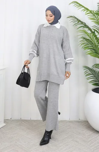 Strickanzug Mit Kragen Tunika Und Hose 1002-02 Grau 1002-02