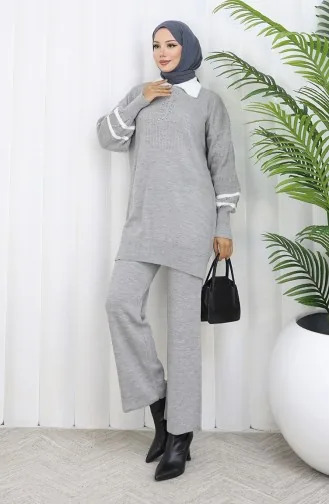 Strickanzug Mit Kragen Tunika Und Hose 1002-02 Grau 1002-02