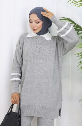 Triko Yaka Detaylı Tunik Pantolon İkili Takım 1002-02 Gri