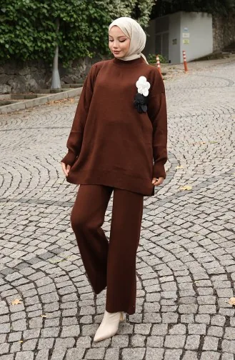 Triko Balıkçı Yaka Tunik Pantolon İkili Takım 1015-05 Kahverengi