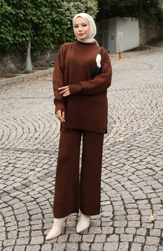Triko Balıkçı Yaka Tunik Pantolon İkili Takım 1015-05 Kahverengi