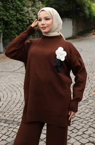 Triko Balıkçı Yaka Tunik Pantolon İkili Takım 1015-05 Kahverengi