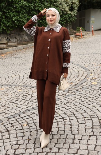 Knitwear Buttoned Garnished Tunic Trousers Two Piece Suit 1020-03 Brown 1020-03