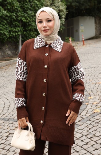Knitwear Buttoned Garnished Tunic Trousers Two Piece Suit 1020-03 Brown 1020-03