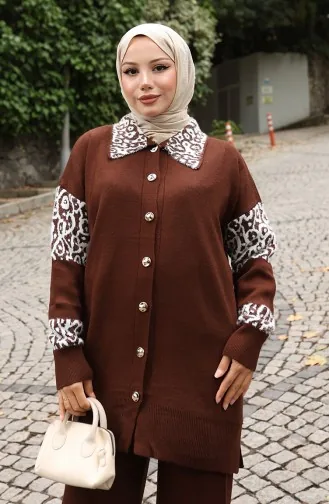 Gebreide Tuniek Met Knopen En Garneringen Tweedelig Pak 1020-03 Bruin 1020-03