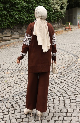 Knitwear Buttoned Garnished Tunic Trousers Two Piece Suit 1020-03 Brown 1020-03