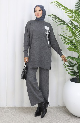 Strickmode Blumen Detail Tunika Hose Zweiteiler 1037-08 Grau 1037-08