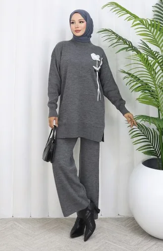 Gebreid Bloemenpatroon Tuniek Broek Tweedelig Pak 1037-08 Grijs 1037-08