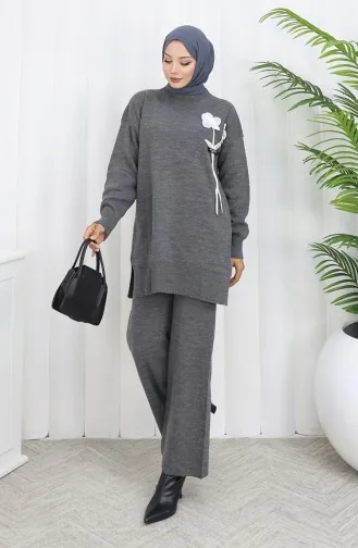 Gebreid Bloemenpatroon Tuniek Broek Tweedelig Pak 1037-08 Grijs 1037-08