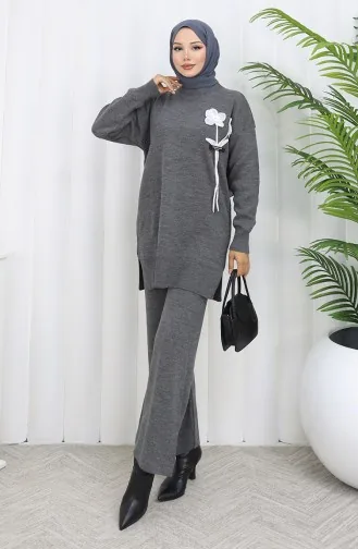 Gebreid Bloemenpatroon Tuniek Broek Tweedelig Pak 1037-08 Grijs 1037-08