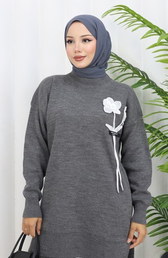 Strickmode Blumen Detail Tunika Hose Zweiteiler 1037-08 Grau 1037-08