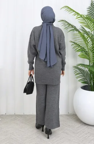 Gebreid Bloemenpatroon Tuniek Broek Tweedelig Pak 1037-08 Grijs 1037-08