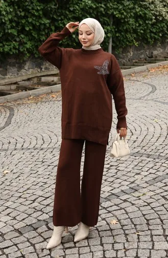 Triko Taş Baskılı Tunik Pantolon İkili Takım 1053-07 Kahverengi