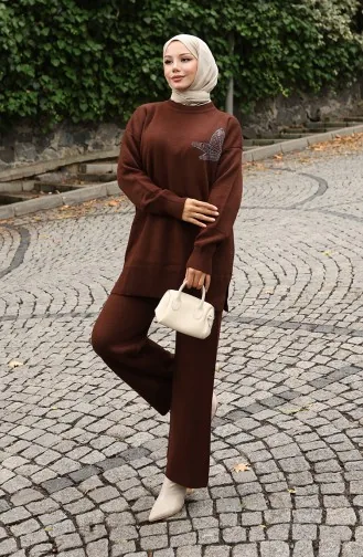 Triko Taş Baskılı Tunik Pantolon İkili Takım 1053-07 Kahverengi