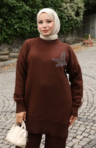 Triko Taş Baskılı Tunik Pantolon İkili Takım 1053-07 Kahverengi