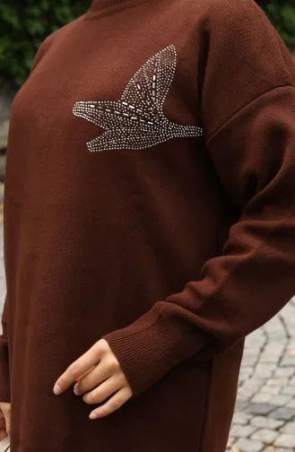 Triko Taş Baskılı Tunik Pantolon İkili Takım 1053-07 Kahverengi