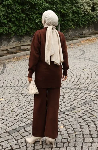 Triko Taş Baskılı Tunik Pantolon İkili Takım 1053-07 Kahverengi