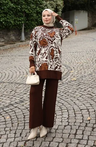 Gebreide Tuniek Met Garnering Tweedelig Pak 1060-03 Bruin 1060-03