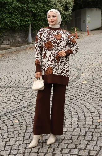 Gebreide Tuniek Met Garnering Tweedelig Pak 1060-03 Bruin 1060-03